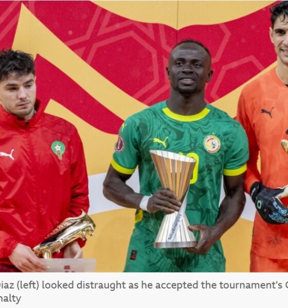 BBC/Getty Images Morocco’s Brahim Díaz (left) looks distraught as he accepts the tournament’s Golden Boot award after missing his penalty