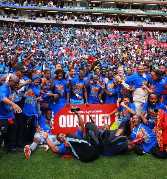 Les Leopards celebrate in Guadalajara, Mexico, after a 1-0 victory over Jamaica to secure FIFA World Cup qualification. Photo: @Leopards X’s account