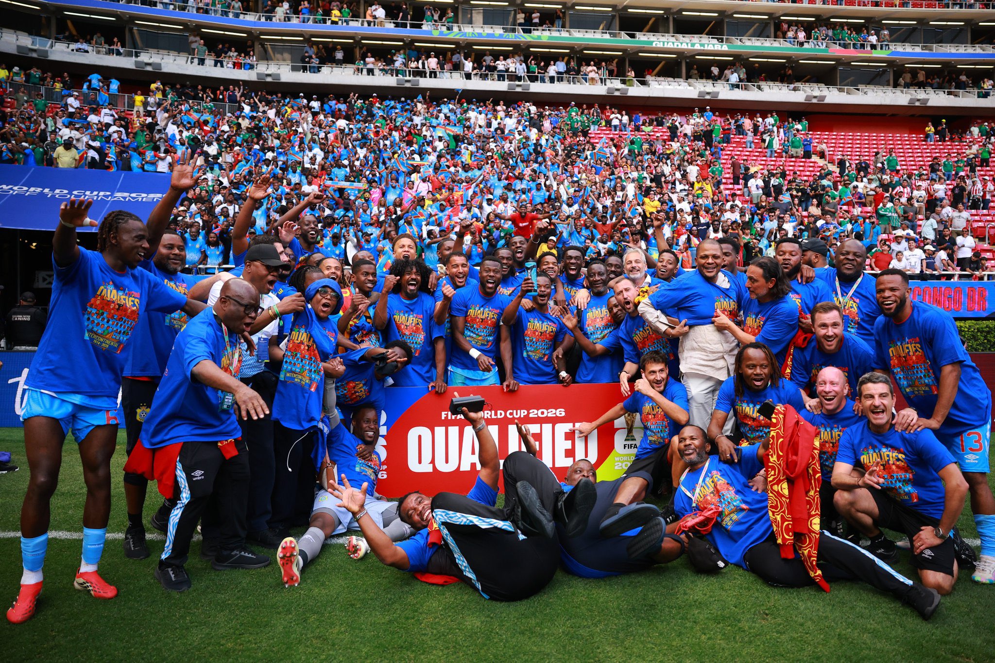 Les Leopards celebrate in Guadalajara, Mexico, after a 1-0 victory over Jamaica to secure FIFA World Cup qualification. Photo: @Leopards X’s account
