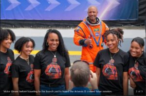 ASA astronaut Victor Glover, Artemis II pilot, smiles as he boards a bus to travel to the launch pad Wednesday at Kennedy Space Center in Cape Canaveral, Florida @africaglobalnews